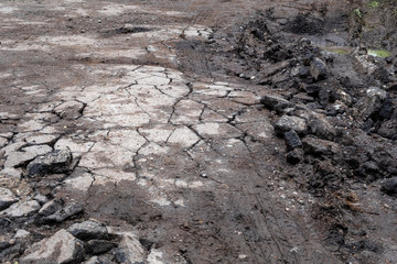 Poor condition of the road surface.  Cracked asphalt, risk of movement by car, bad asphalt, dangerous road.