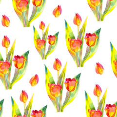Seamless spring pattern with stylized cute pink flowers, tulips.