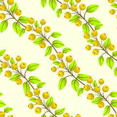 Vector seamless pattern with diagonal rowanberry twigs; natural berry design for fabric, wallpaper, wrapping paper, textile, web design.