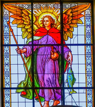 Coloful Archangel Raphael Stained Glass Puebla Cathedral Mexico