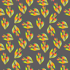 Seamless spring pattern with stylized cute pink flowers, tulips.