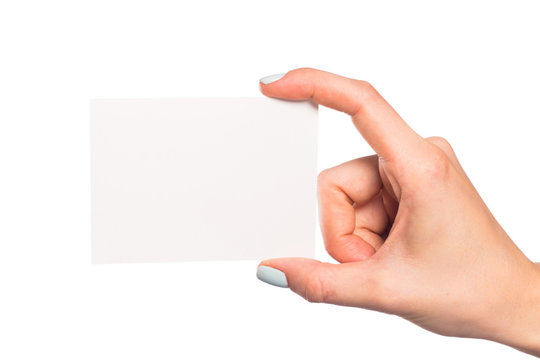 female hand isolated on white background holding card  with text place  - Image