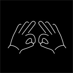 vector modern flat design linear icon of two hands creasing gesture | white thin line pictogram isolated on black background