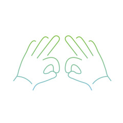 vector modern flat design linear icon of two hands creasing gesture | thin line pictogram with green and blue gradient isolated on white background