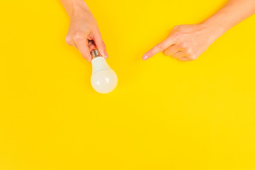  Beautiful young woman's hands holding bulb   on pastel  background.