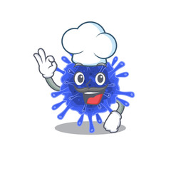 Cute bacteria coronavirus cartoon character wearing white chef hat