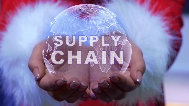 Female hands holding a conceptual hologram of planet Earth with text Supply Chain. Woman in red clothes with faux white fur with future holographic technology