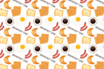 Food background. Breakfast time: fried eggs, sausages, coffee, bread with cheese, croissant, waffles.