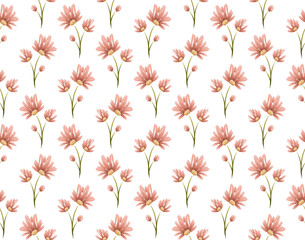 Pastel pink gouache flowers and green leaves, romantic seamless floral pattern
