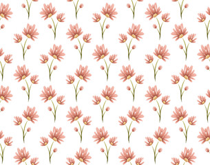 Pastel pink gouache flowers and green leaves, romantic seamless floral pattern