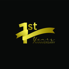 gold black 1st anniversary letter logo icon design with ribbon banner