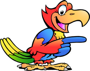 Vector Cartoon illustration of a happy pointing Parrot Bird