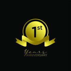 gold black 1st anniversary letter logo icon design with ribbon banner