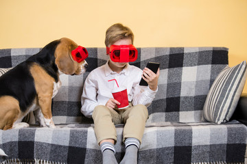 boy in virtual reality glasses for the phone and a funny beagle dog on the sofa