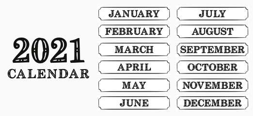 2021 calendar headers. Designs for printing a calendar. Names of 12 months. Template for printing diaries, yearbooks, gliders, notebooks and cards. Vector illustration