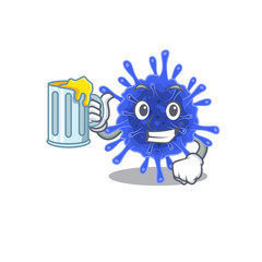 Cheerful bacteria coronavirus mascot design with a glass of beer