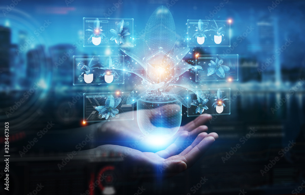 Leinwandbilder man hand holding and touching holographic projection of a plant with digital analysis 3d rendering