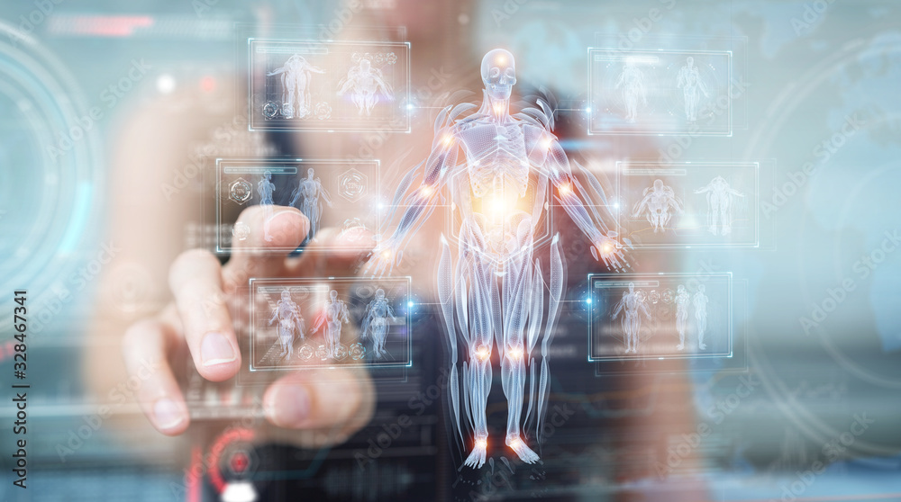 Poster woman using digital x-ray human body holographic scan projection 3d rendering
