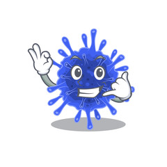 Bacteria coronavirus mascot cartoon design showing Call me gesture