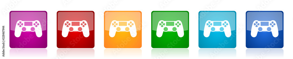 Poster Wireless gaming controller icon set, gamepad colorful square glossy vector illustrations in 6 options for web design and mobile applications