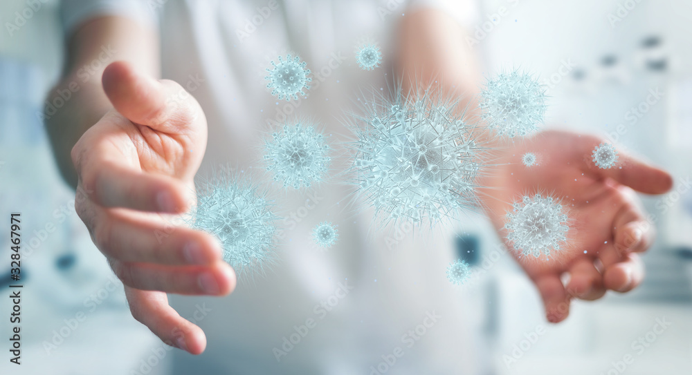 Poster Man analyzing bacteria with digital holographic projection close-up 3D rendering