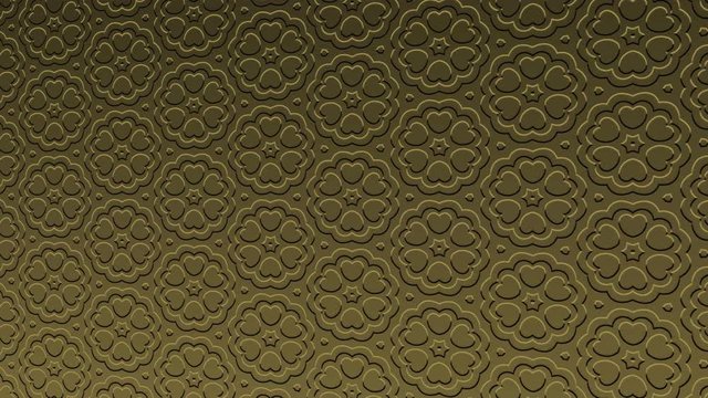 Gold art pattern in bas-relief on a minimal black background, tilted horizontally initially to the left then moves to the right, composed of colored shapes, in 4k 16: 9 video format.