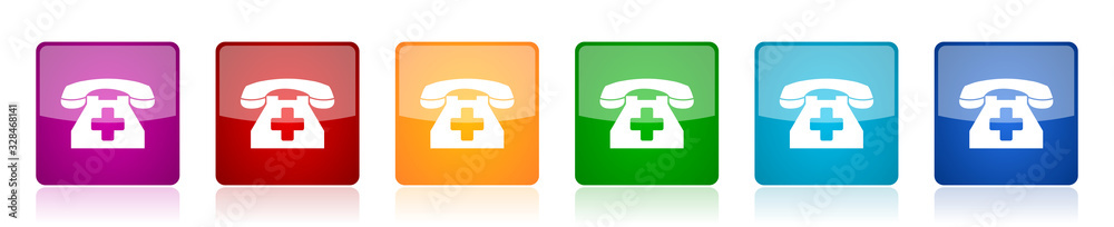 Aufkleber Emergency call icon set, phone colorful square glossy vector illustrations in 6 options for web design and mobile applications