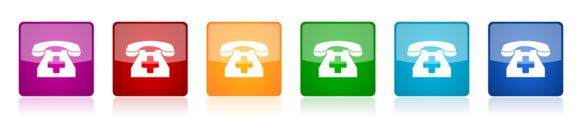 Emergency call icon set, phone colorful square glossy vector illustrations in 6 options for web design and mobile applications