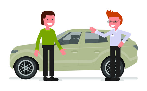 car salesman. man talks about the qualities of the car .. Vector illustration. flat design style. suitable for animation (individual segments) Isolated on a white background.