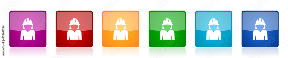 Leinwandbilder engineer icon set, worker, manager, employe colorful square glossy vector illustrations in 6 options