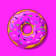 Vector Of Doughnut With Pink Cream and Colorful Sprinkle Topping For Menu Design, Cafe Decoration, Delivery Box