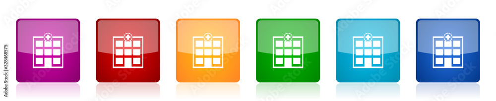 Poster hospital building icon set, colorful square glossy vector illustrations in 6 options for web design 