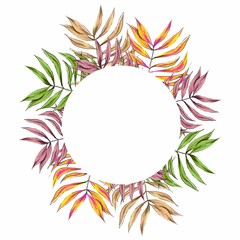 Round frame with tropical leaves. yellow, green, pink, and gold. For decor, weddings, invitations, save the date.