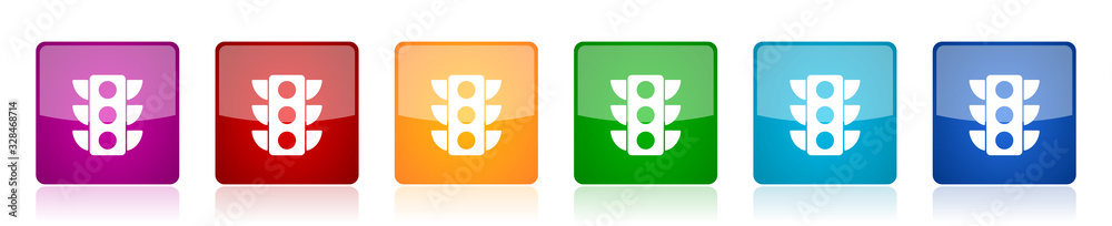 Fototapete traffic lights icon set, colorful square glossy vector illustrations in 6 options for web design and