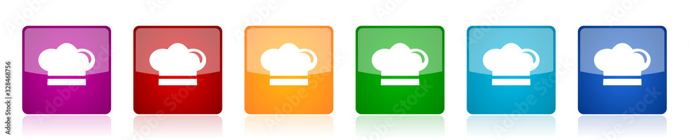 Aufkleber cook icon set, colorful square glossy vector illustrations in 6 options for web design and mobile ap