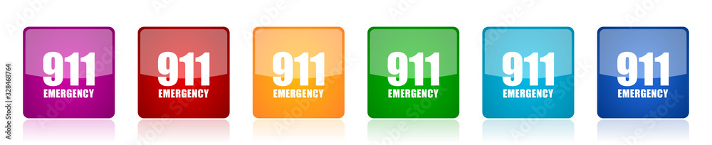 Poster number emergency 911 icon set, colorful square glossy vector illustrations in 6 options for web desi