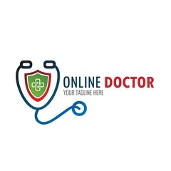 Online Doctor logo with health protect concept. vector illustration.