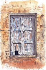 Watercolor illustration Old blue door