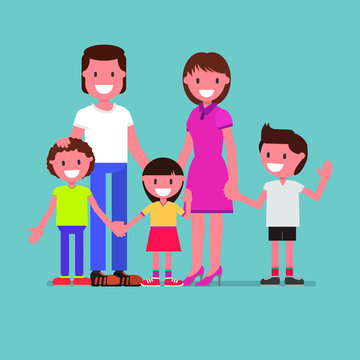 cheerful family portrait, family photo, happy family, mom, dad, son, daughter. Parents and children. Vector illustration. flat design style. model suitable for animation (individual segments)