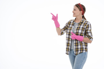 Fototapeta na wymiar Portrait of happy female doing house duties wearing rubber gloves and holding cleaning equipment. Cheerful look. Hygiene, cleaning service concept. Isolated picture. White background.