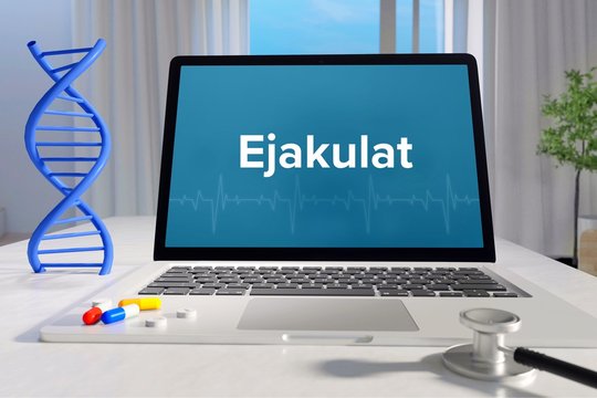 Ejakulat – Medizin, Gesundheit. Computer im Büro mit Begriff auf dem Bildschirm. Arzt, Krankheit, Gesundheitswesen