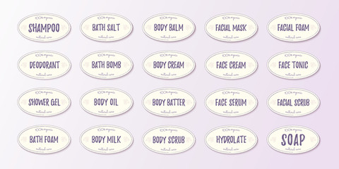 Set of labels for cosmetics packaging design. Organic cosmetics and natural care.