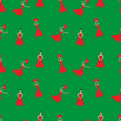 Flamenco dancers in a red dress with a fan in hand, seamless pattern, on a green background, vector illustration