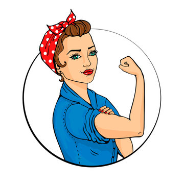 We Can Do It comic woman. Pop art sexy strong girl in a circle on white background. Classical american symbol of female power, women rights, feminism. Vector colorful illustration in retro style.