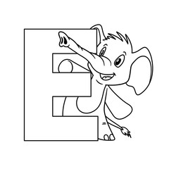 Animal alphabet. Capital letter E, Elephant. Raster illustration. For pre school education, kindergarten and foreign language learning for kids and children. Coloring page and books, zoo topic.