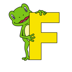 Animal alphabet. Capital letter F, Frog. Raster illustration. For pre school education, kindergarten and foreign language learning for kids and children. For print and books, zoo topic.