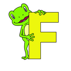 animal alphabet. capital letter F, Frog. Vector illustration. For pre school education, kindergarten and foreign language learning for kids and children. For print and books, zoo topic.
