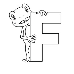 animal alphabet. capital letter F, Frog. Vector illustration. For pre school education, kindergarten and foreign language learning for kids and children. Coloring page and books, zoo topic.