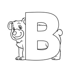 Animal alphabet. Capital letter B, Bear. Raster illustration. For pre school education, kindergarten and foreign language learning for kids and children. Coloring page and books, zoo topic.