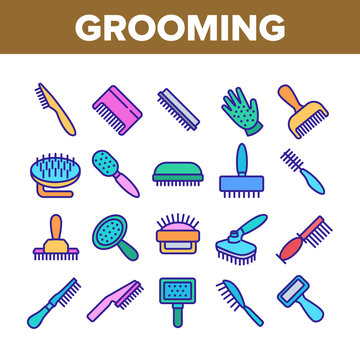 Grooming Brush For Pet Collection Icons Set Vector. Grooming Care Accessory In Different Form, Animal Cleaning Comb Tool Concept Linear Pictograms. Color Contour Illustrations